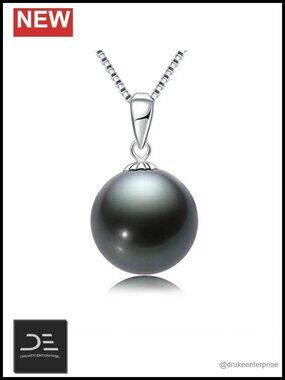 18K Solid Gold Tahitian Black Pearl Pendant w/ Sterling Silver Chain 9-12mm